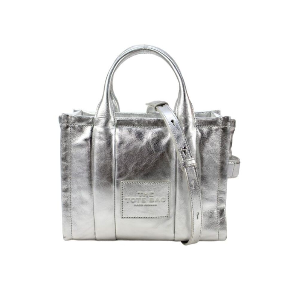 Marc Jacobs Womens Double Handle Metallic Leather The Tote Bag Handbag Silver
